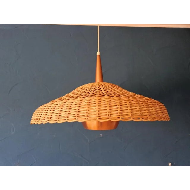 Wood Modern Hanging Lamp in Copper and Rattan, 1970s For Sale - Image 7 of 7