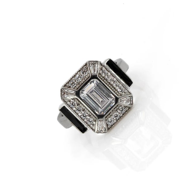 Modern Pave Diamond & Black Enamel Sterling Silver Design Ring, Size 5 For Sale - Image 3 of 9