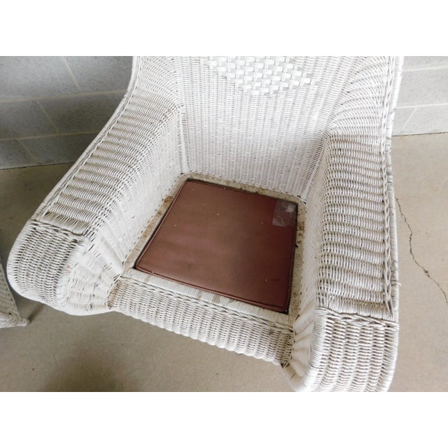 Antique Art Deco Hollywood Regency Wicker Club Chairs & Ottoman - Set of 3 For Sale - Image 4 of 13