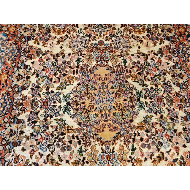 Vintage Persian Kerman Lavar Rug, Hand-Knotted Wool & Silk, Allover Floral Pattern, Ivory & Blue, 4x7 For Sale - Image 14 of 17