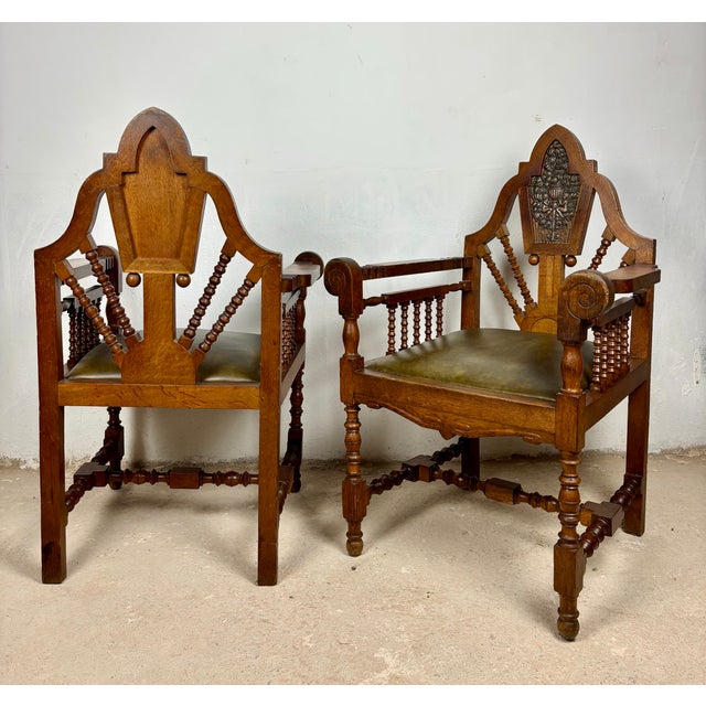 Spanish Revival Armchairs with Carved Crest, 1920s, Set of 2 For Sale - Image 6 of 11