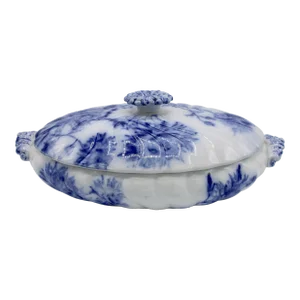 Antique English Flow Blue Ceramic Chrysanthemum Tureen