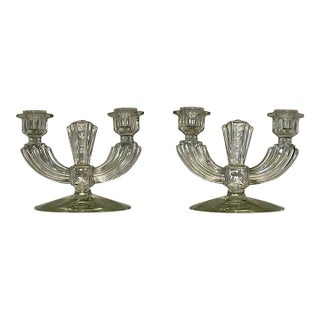 Pair of Art Deco Glass Double Taper Candlesticks For Sale