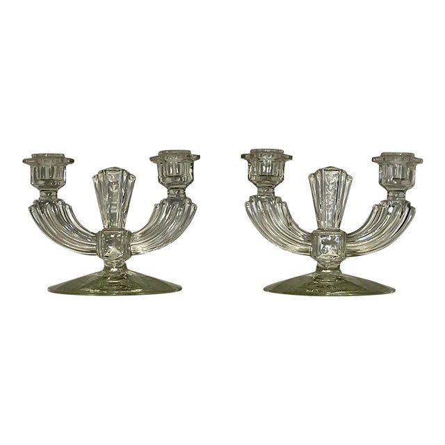 Vintage Art Deco Glass Double Taper Candlesticks, a Pair For Sale
