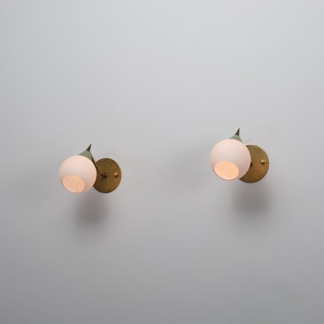 Gold Italian Brass and Opaline Glass Sconces with Light Green Details, 1950s, Set of 2 For Sale - Image 8 of 9