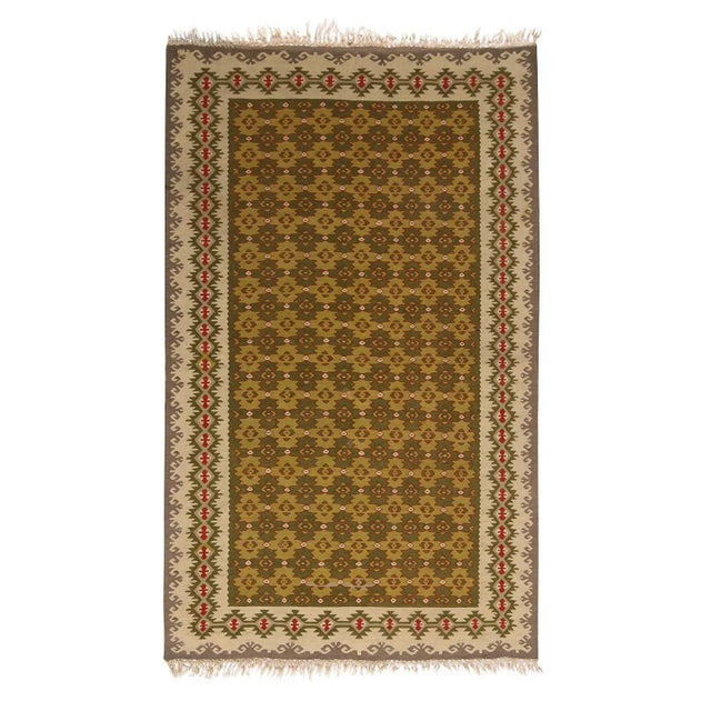 Textile Vintage Mid-Century Sarkoy Geometric Beige-Brown and Green Wool Kilim Rug For Sale - Image 7 of 7