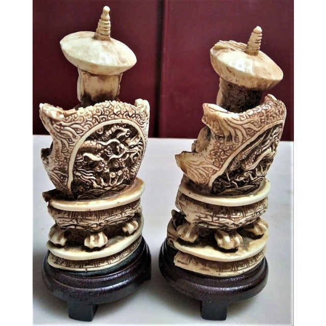Bone Chinese Emperor and Empress Sculptures in Buffalo Bone on Wooden Stands, Qing Dynasty. For Sale - Image 7 of 9