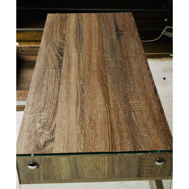 Wood Modern Glass Waterfall Writing Desk / Minimalist Faux Bois Console With Drawer For Sale - Image 7 of 8