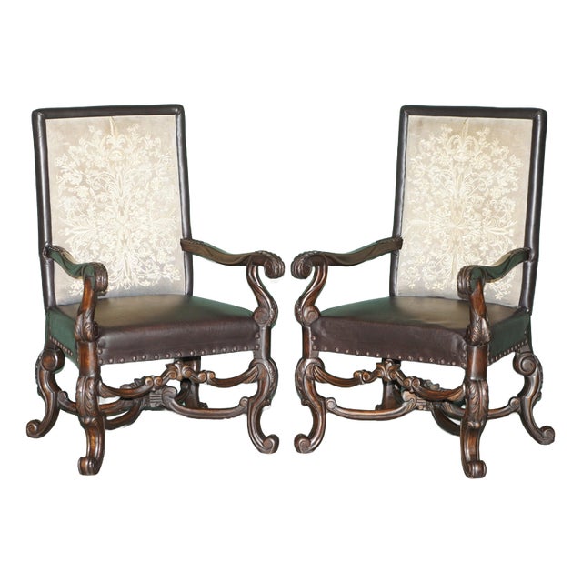 Antique Victorian Carolean Mahogany and Leather Throne Armchairs, 1880, Set of 2 For Sale