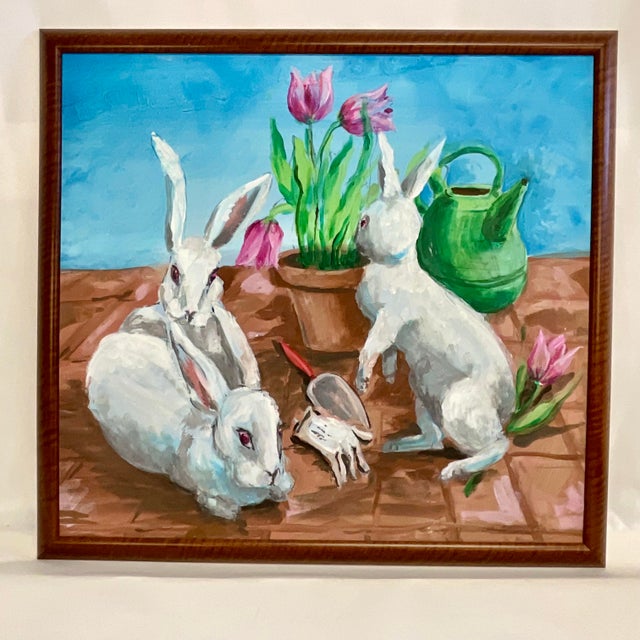 Turquoise 1970s Vintage Impressionist Original Painting Bunnies and Spring Tulips, Artist Signed For Sale - Image 8 of 10