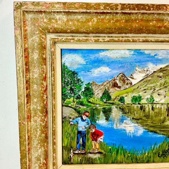 1978 Vintage Impressionist Original Oil Painting of Boys Fishing by E. Sack. For Sale - Image 4 of 10