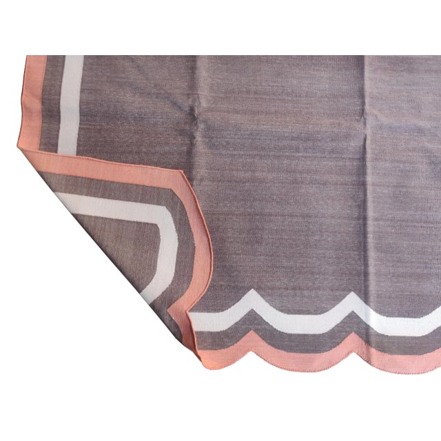 Handmade Cotton Scalloped Rug, Brown with Cream and Terra Cotta Trim 8'x10' For Sale - Image 6 of 10
