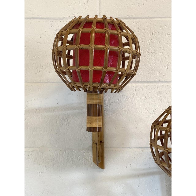 Rattan and Bamboo Wall Lamps, 1970s, Set of 2 For Sale - Image 4 of 10
