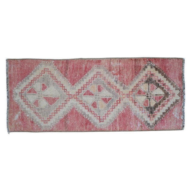 Vintage Faded Pink Turkish Rug 1x3 Hand Knotted Small Boho Mat Wool Runner Decor For Sale - Image 6 of 11