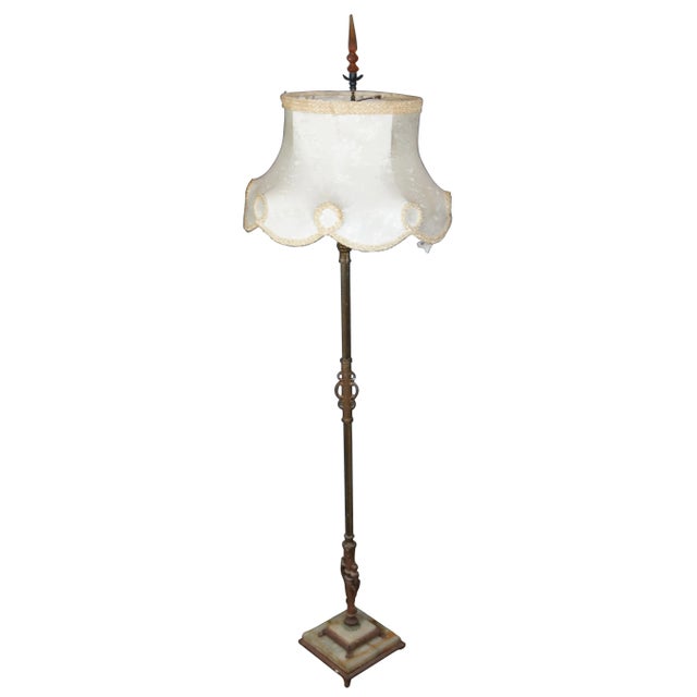 Late 19th-early 20th century large floor lamp with an iron and white marble base, brass body with candelabra sockets for...