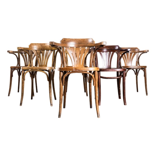 Standard Fan Back Bistro Mixed Dining Armchairs, 1950s, Set of 6 For Sale