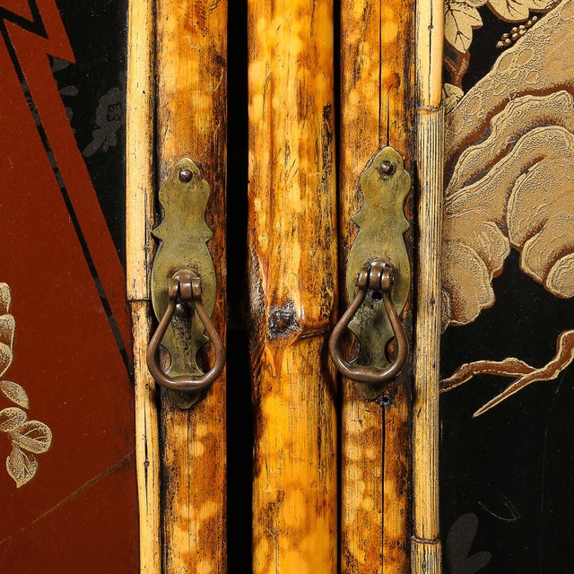 Art Deco Bamboo & Cubist Red & Black Geometric Detailed Gilt Chinoiserie Cabinet For Sale In New York - Image 6 of 18