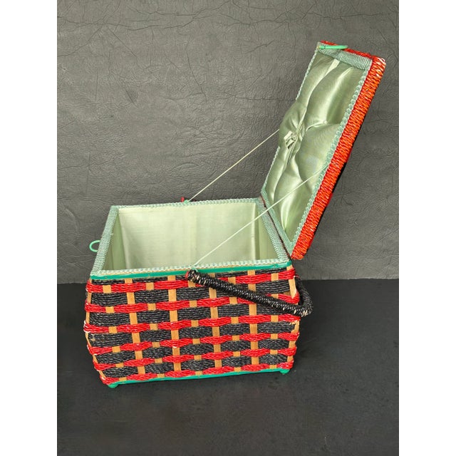 Red Red Plaid Woven Rattan Sewing Basket For Sale - Image 8 of 16