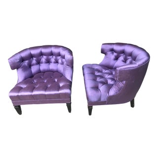 Purple Silk Tufted Hollywood Regency Club Chairs - For Sale