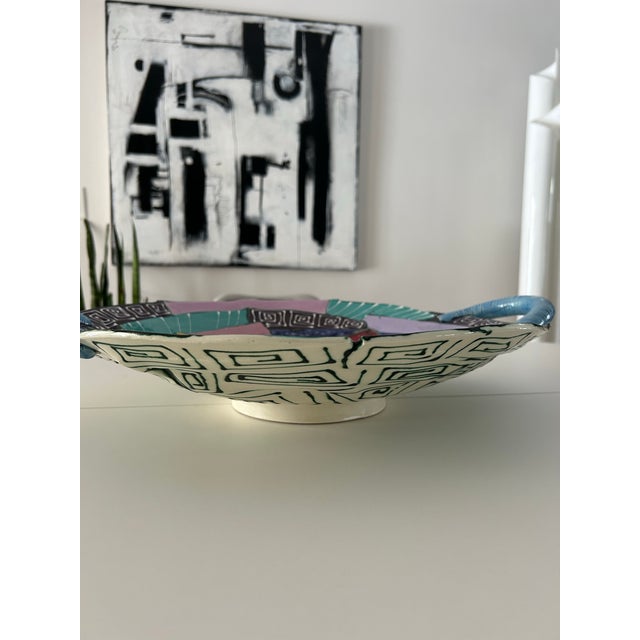 1990s “Cubist” Handmade Ceramic Decorative Plate, Signed Saldaitis For Sale - Image 9 of 9