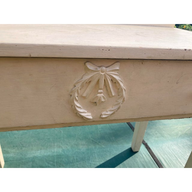 American 1920s Antique Distressed White Writing Table Desk With Drawer With Carved Onlays For Sale - Image 3 of 8