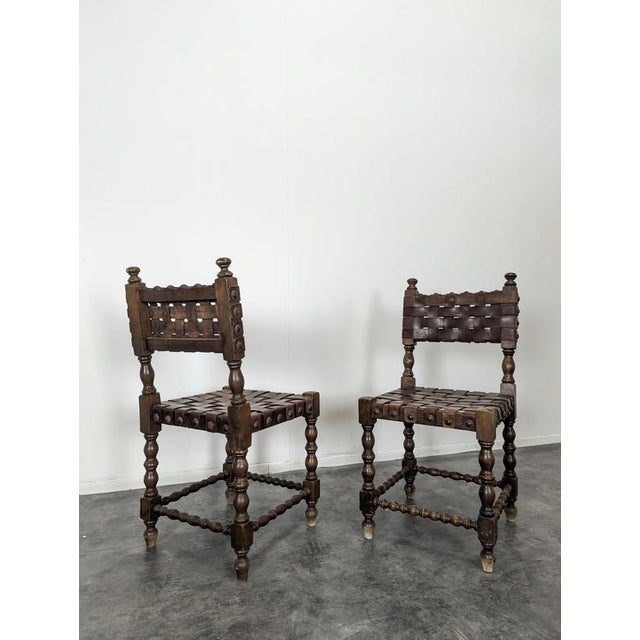 Set of Brown Espoagnole Chairs with Leather Straps For Sale - Image 3 of 6