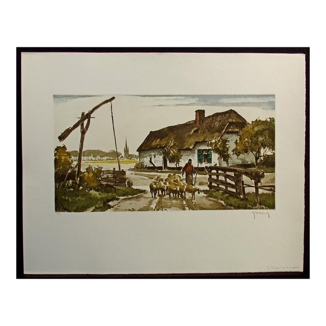 Roger Hebbelinck "Retour Du Troupeau" Hand Signed Vintage Aquatint Etching 1950 For Sale
