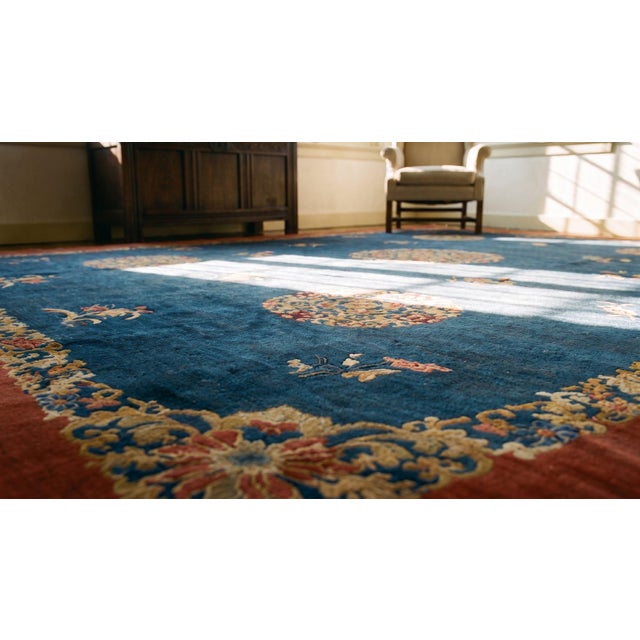 Wonderful Blue and Red Color With Great Florid Design Antique Chinese Peking Rug For Sale - Image 15 of 15