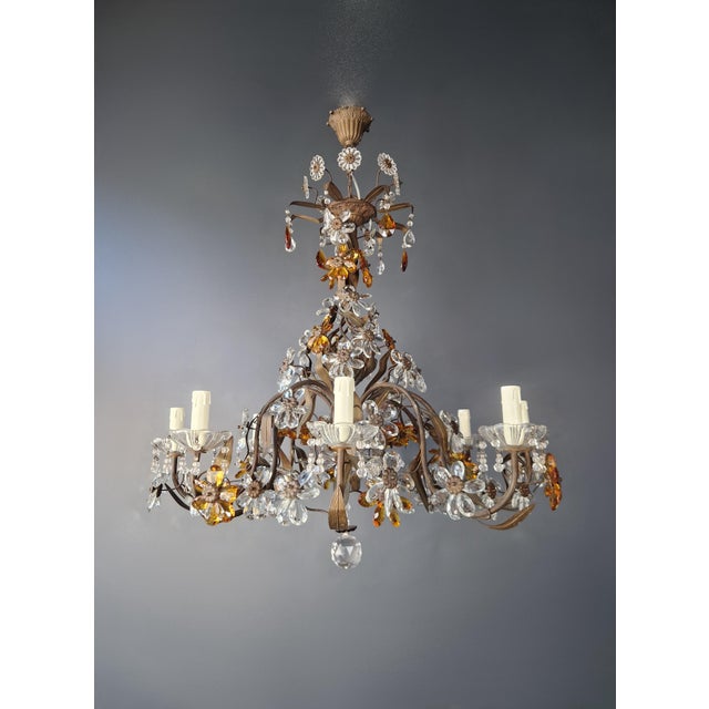 1950s Amber Crystal Glass Brass Flower Chandelier For Sale - Image 4 of 13