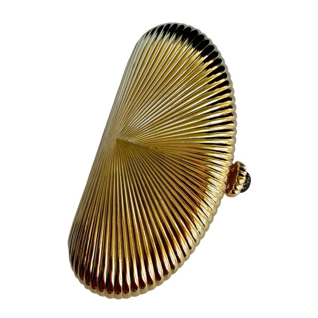 Gold Judith Leiber Gold Ribbed Half Oval Onyx Gem Crystal Minaudiere Evening Bag For Sale - Image 8 of 15