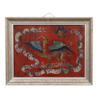Early 20th Century Renaissance Revival Style Oil on Leather Heraldic Composition Painting a Winged Griffin For Sale