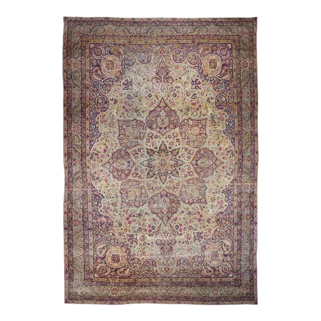 Late 18th Century Antique Ivory Lavar Kerman Rug 10'1'' x 14'11'' For Sale