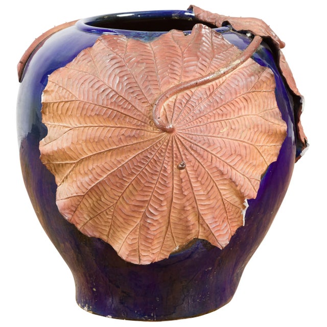 Large Thai 20th Century Cobalt Blue Planter with Raised Palm Leaf Motifs For Sale - Image 11 of 11