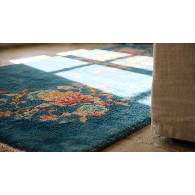 Beautiful Ink Blue Color With Lovely Floral Design Antique Chinese Art Deco Rug For Sale - Image 9 of 9