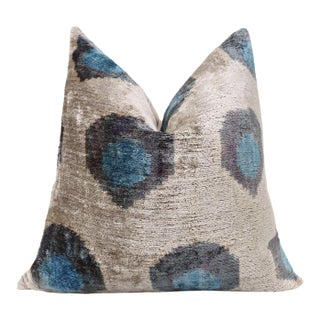 Handwoven Organic Silk Velvet Throw Pillow 20x20 – Neutral Taupe With Teal Ikat Motif For Sale