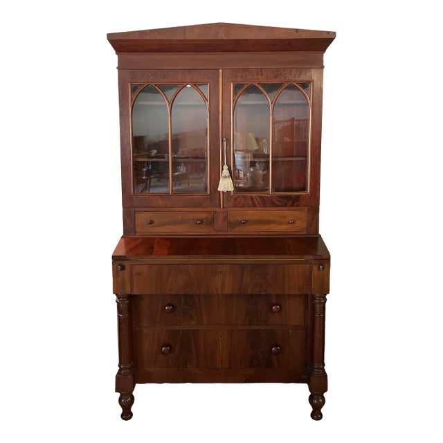 Antique 1800s Flame Mahogany Sheraton-Style Secretary For Sale