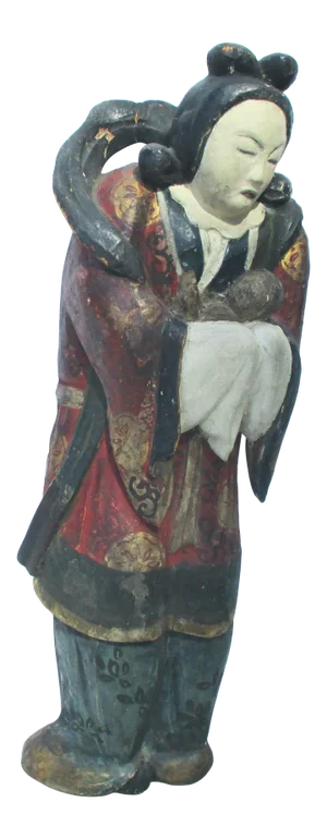 Antique Wooden and Polychromed Japanese Mother and Child