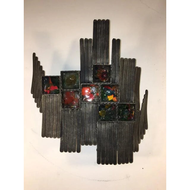 Brutalist Sconces with Blackened and Patinated Iron in the Form of Popsicle Sticks with Squares of Colorful Swirled...