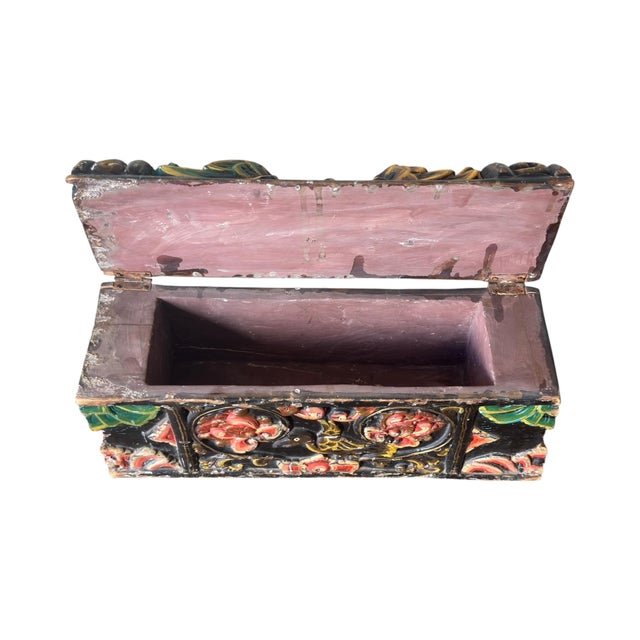 Black Antique Indian Polychrome Carved Dowry Box with Peacocks, 1900s For Sale - Image 8 of 10