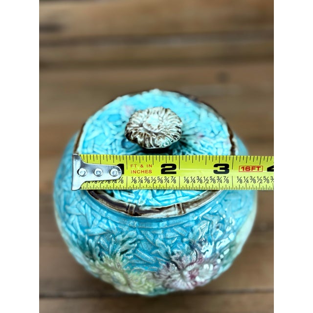 Ceramic Vintage Majolica Biscuit Jar With Turquoise Glaze & Floral Relief For Sale - Image 7 of 9