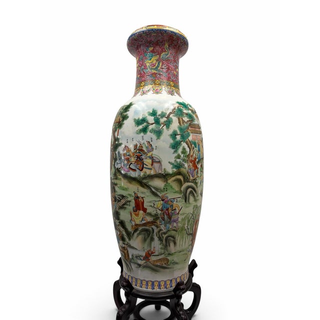 Monumental Chinese Famille Rose Battle Scene Porcelain Floor Vase & Stand For Sale - Image 4 of 6
