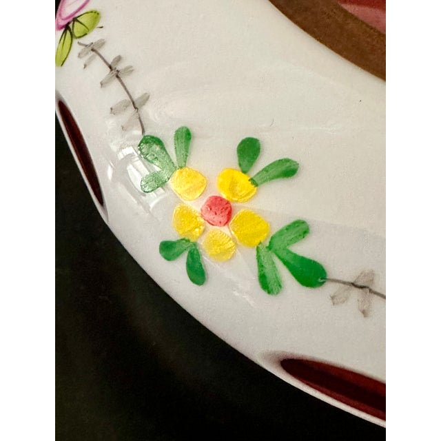 1960s Vintage Bohemia Crystalex Art Glass Ashtray White & Pink Floral W/Gold Made in Czechoslovakia For Sale - Image 5 of 7