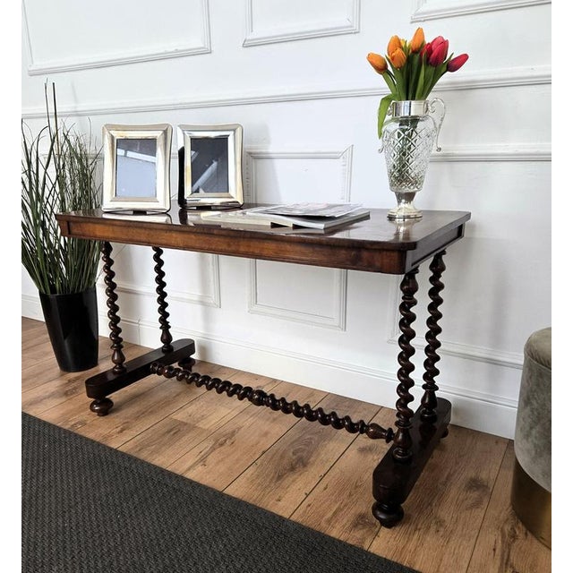 Antique Italian Walnut Burl Inlay Console or Side Table with Bobbin Turned Legs, 1890s For Sale - Image 3 of 10