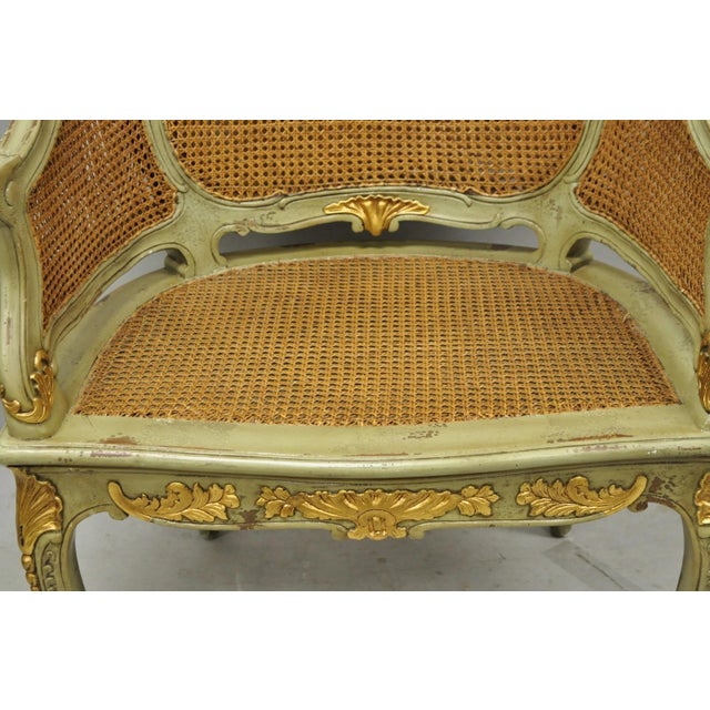 Vintage French Louis XV Style Green Painted Gold Gilt Cane Bergere Arm Chair For Sale - Image 9 of 17