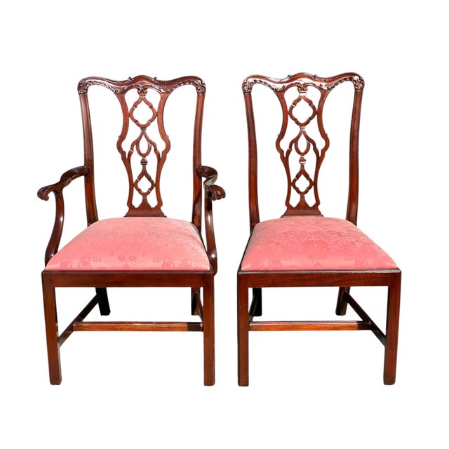 Henkel Harris Set of Late 20th Century Six Mahogany Henkel Harris Dining Chairs With Pink Floral Damask Seats For Sale - Image 4 of 12