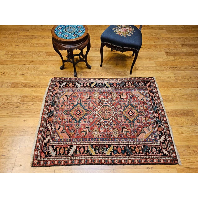 Vintage Persian Heriz Karajah Rug, Hand-Knotted Wool, Geometric Pattern, Rust-Red & Navy, 4x5 For Sale In Chicago - Image 6 of 18