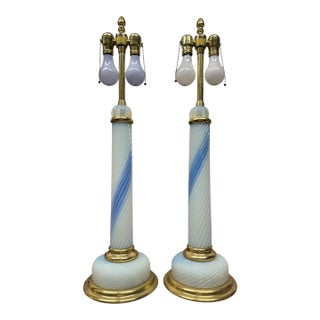 Pair of French Blue & Milky White Opaline Glass Lamps For Sale