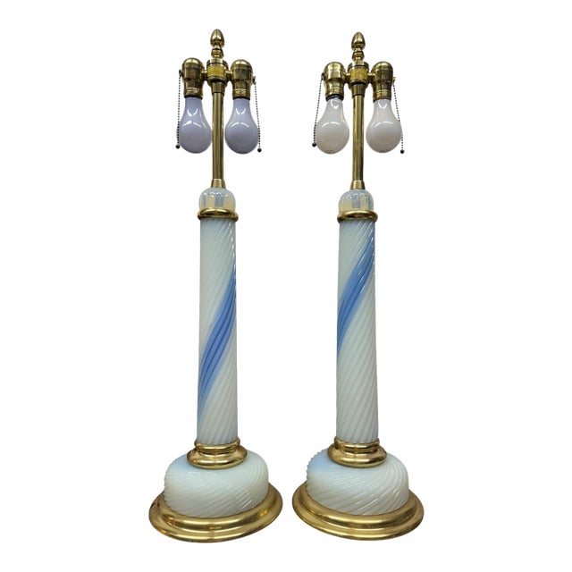 Pair of French Blue & Milky White Opaline Glass Lamps For Sale