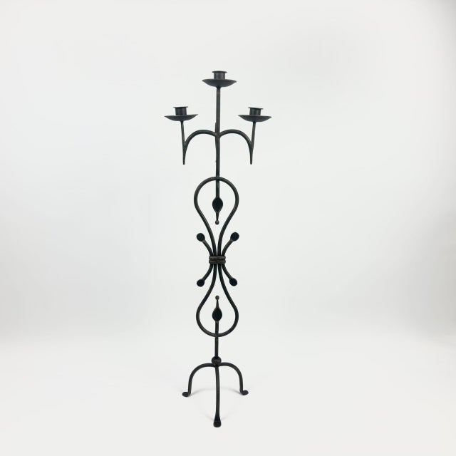 2020s Hand Forged Wrought Iron Floor Candelabra 44.5″ (113cm) Antique Gold Patina 3-Arm Scroll Design Candle Holder Classic Fireplace Decor For Sale - Image 5 of 6