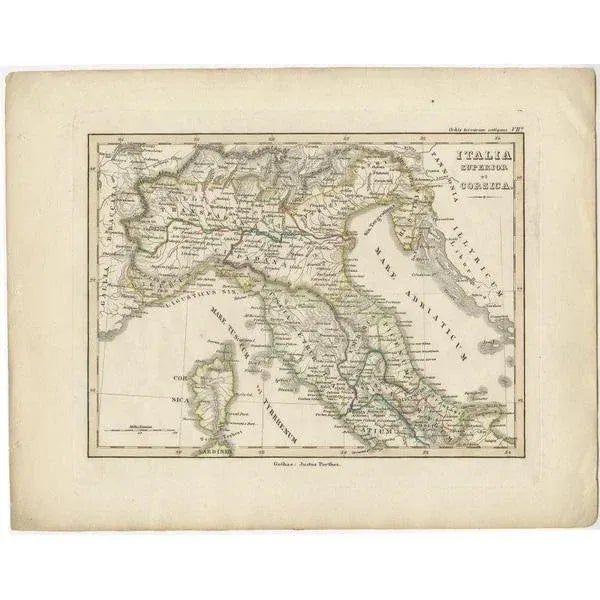 Antique map titled 'Italia Superior et Corsica'. Old map of northern Italy and Corse originating from 'Orbis Terrarum...